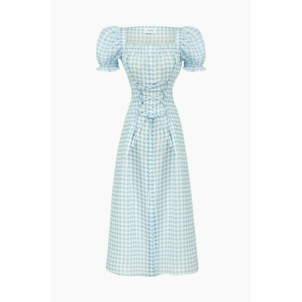Sleeper Womens Marquise Corset Linen Dress XL Blue Gingham